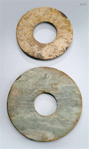 TWO ARCHAIC JADE BI DISKS, China, Neolitic-Property from an important South German private collection, one bought from Lempertz Cologne, Nov