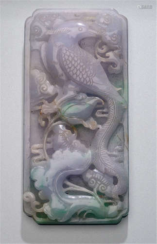 A CARVED JADEITE PANEL WITH PHOENIX AND LINGZHI, China, 20th ct