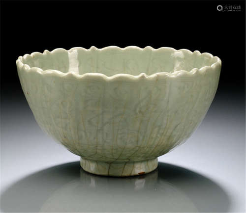 A BLOSSOM-SHAPED CELADON-GLAZED LONGQUAN BOWL, China, Ming dynasty-Provenance: Collection Adalbert Colsman (1886-1978) by descent to the present owner-Partly chipped