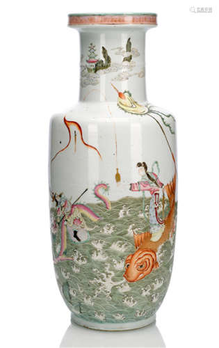 A ROULEAU VASE DECORATED WITH HE XIANGU CROSSING THE OCEAN