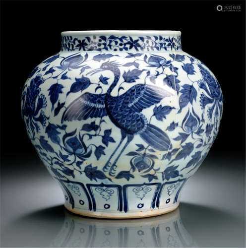 A VERY RARE AND IMPORTANT BLUE AND WHITE 'PEACOCK' JAR, China, Yuan dynasty