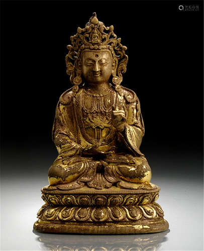 A GILT-BRONZE FIGURE OF GUANYIN, SINO-TIBETAN, 18th ct