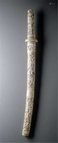 A KATANA IN FINELY CARVED IVORY MOUNTING, Japan, Meiji period, hilt,tsuba and scabbard all over carved and decorated with figural scenes - Minor wear, partly tiny chips, the blade with minor wear