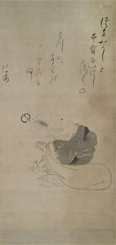 SHINKAI (active 1674-1676): A painting of Hotei carrying three children on his back below a humorous verse, Japan, labeled Shinkai(name of a monk ?), ink on silk -  Provenance: Purchased from Kunsthandel Klefisch, Cologne, Sale 24, no. 30 - Very minor wear, otherwise good condition, mounted as a hanging scroll