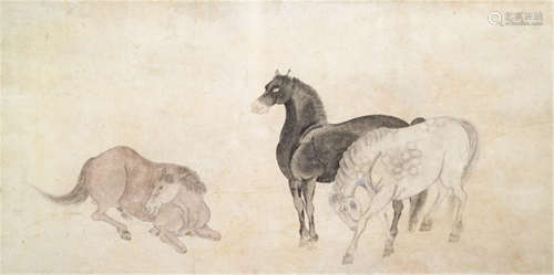 AN ANONYMOUS PAINTER OF THE KANO SCHOOL, Japan, 16th Ct., a painting of three horses, ink and colour on paper - Provenance: by repute of the owner, purchased from Michael Dunn - Traces of age, partly rest., mounted as hanging scroll with bone ends, old wood box with inscriptions