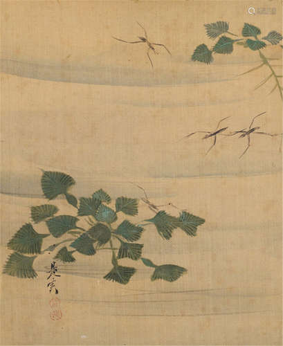 ATTRIBUTED TO SHIBATA ZESHIN (1807-1891), a painting of water striders amongst leaves of water chestnuts, signed 'Zeshin' and seal: Reisai - Provenance: Former property of a South German private collection, purchased from Nagel Auktionen, Sale 36A, 11.11.2008, lot 1959 - Partly minor mould stains, mounted as hanging scroll with ivory ends