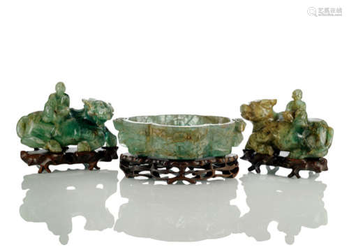 A RARE AVENTURINE GROUP OF A PAIR OF BOYS RIDING BUFFALOES AND A BOWL