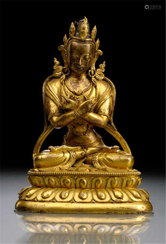 A GILT-BRONZE FIGURE OF VAJRADHARA, TIBETO-CHINESE, 18th ct