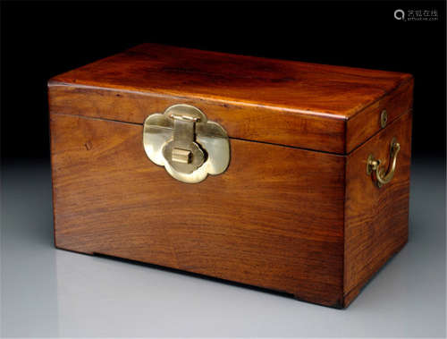 A HUANGHUALI BOX AND COVER WITH METAL BAIL HANDLES AND LOCKPLATE
