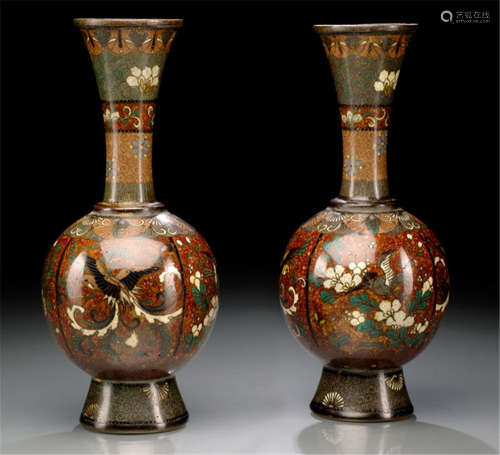 A PAIR OF CLOISONNÉ ENAMEL VASES, Japan, Meiji period, decorated with phoenix and various birds perched on flowering sprays - Property from a South German private collection, acquired between 1970 and 1980 - Minor wear, partly slightly chipped