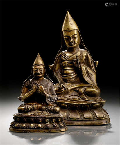 TWO BRONZE FIGURES OF LAMAS, TIBET, 18th ct