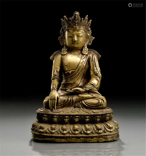A BRONZE FIGURE OF BUDDHA SHAKYAMUNI, CHINA, POSSIBLY 16th ct