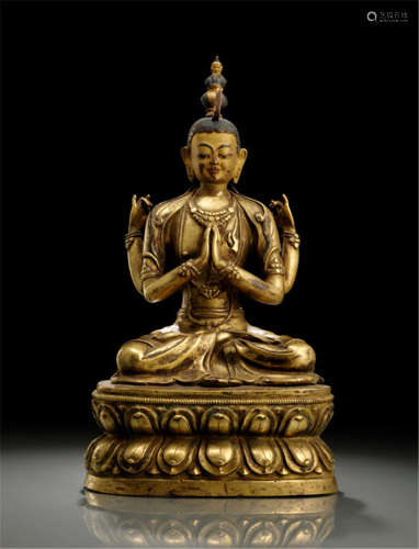 A GILT-BRONZE FIGURE OF SADAKSHARILOKESHVARA, SINO-TIBETAN, 18th Ct