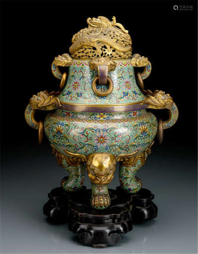 A CLOISONNÉ CENSER AND COVER WITH GILT APPLICATIONS ON THE BODY AND COVER