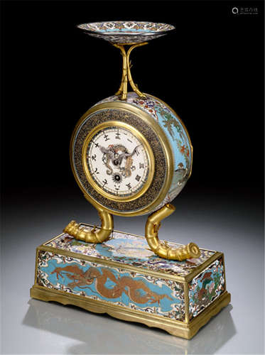 A FINE ORMOLU AND CLOISONNÉ ENAMEL CLOCK, Japan, 19th ct., circular clock case containing a French clock unit with 8 day movement signed Le Roy & Fils 11768 A Paris, resting on two bamboo-shaped feet mounted atop a square shaped plinth. The circular enamel dial with a dragon and a tooled metal hand in shape of a dragon within Japanese numerals. The top of the clock with a round tray resting on three Bamboo sprays. Decorative and fine polychrome cloisonné enamel work depicting dragons, tigers, phoenixes, various birds and floral patterns.