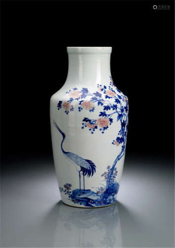 A VERY RARE UNDERGLAZE BLUE AND COPPER RED VASE, DECORATED WITH A CRANE AND CURSIVE SCRIPT CALLIGAPHY, China, 18th ct