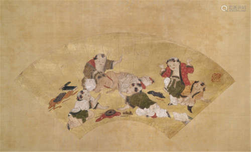 KANÔ MOTONOBU (Japan, 1476-1559), a fan depicting six playing children. Ink, strong colours and gold on paper. Sealed: Kanô Motonobu - Kanô Mtonobu was the son of the founder of the Kanô School, Kanô Masanobu. During his life he obtained several honorary degrees such as Ôi no suke and Echizen no kami as well as the title Hôgen.  Besides for the Imperial court, he also painted by order of the arictocracy as well as wealthy families. One record in a document proves that he also painted fans such as this one with the playing kids. This documents mentions his name together with the famous fan maker, Hasuike Hideaki in Tôfuku - Traces of age, rest., mounted as hanging scroll with ivory scroll ends