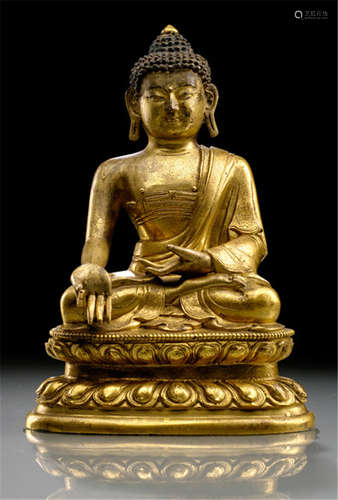 A GILT-BRONZE FIGURE OF BUDDHA SHAKYAMUNI, TIBETO-CHINESE, 18th ct