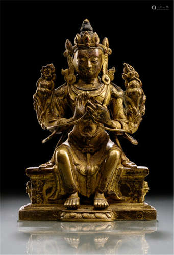 A GILT-LACQUERED BRONZE FIGURE OF MAITREAYA, TIBETO-CHINESE, 18th Ct