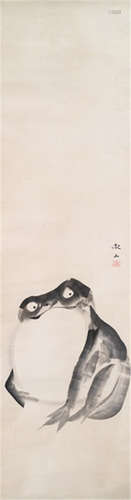 ATTRIBUTED TO MORI TETSUZAN (1775-1841), a painting of a seated frog with a curious facial expression. Ink on paper, signed Tetsuzan and seal Shushin - Provenance: Purchased from Kunsthandel Klefisch, Cologne, Sale 28, no. 254 - Mounted as hanging scroll with ivory ends, wood box