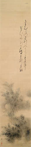 OKAMOTO TOYOHIKO (1773-1845), Japan, a painting depicting a full moon behind a bamboo grove next to a waka poem: 'Takamura no minarenu kata o moru tsuki ni...', ink on silk, signed and sealed: Toyohiko - Okamoto Toyohiko was known for his naturalistic and atmospheric style of landscape sceneries, figures and bamboo. He was a pupil of the Nanga painter Kuroda Ryôzan, later he studied under Matsumura Gôshun. With Matsumura Keibun he was the most prominent Shijô painter in Kyoto. Provenance: Purchased from Kunsthandel Klefisch, Cologne, Sale 24, 15.01.1983, no. 27 - Minor wear, partly minor folds, mounted as hanging scroll with bone ends, wood box with inscribed cover