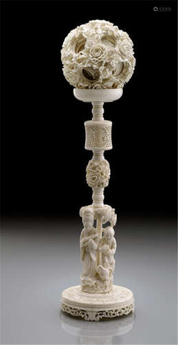 A FINE CARVED  IVORY BALL WITH STAND, China, Canton, late Qing period (19th ct.) - Openwork and relief carving, ball made of at least 13 visible layers - Provenance: Purchased from Auktionshaus Bernd Rieber, Stuttgart, 16.09.1988, no. 9841 - Very minor wear