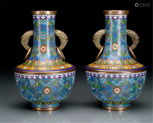 A PAIR OF TWO-PIECE CLOISONNÉ VASES WITH DRAGON HANDLES