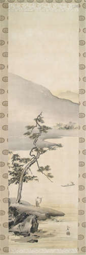 IN THE STYLE OF HASHIMOTO GAHÔ (Japan, 1835-1908), a painting of a scholar on a lake with a fischer boat, ink and only few colours on silk, signed: Gahô, seal: Hashimoto Gahô- Property from a German private collection, acquired before 1995 - Minor wear, slightly creased, mounted as a hanging scroll with ivory ends