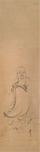 ATTRIBUTED TO SHIBATA ZESHIN (Japan, 1807-1891), a painting of Daruma, ink on paper, signed and sealed Zeshin - Provenance: Purchased from Auktionshaus August Bödiger, Bonn, Sale 848, 13./14.05.2000, no. 13 - Minor wear, slightly rest, mounted as hanging scroll with black lacquered wood ends, wood box