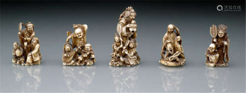 A GROUP OF FIVE VARIOUS FIGURAL NETSUKE, Japan, four signed: Masatsugu tô, Gyokuzan, Masamitsu and Tômin tô, Meiji period,  amongst others Gods of Fortune, Rakan and historical figures - Property from an old Austrian private collection - Slightly chipped, partly traces of age
