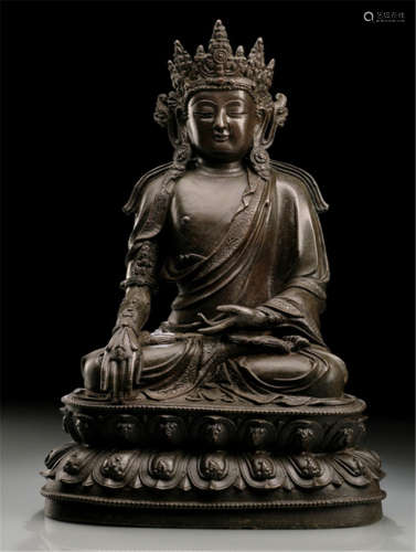 A BRONZE FIGURE OF SEATED BUDDHA SHAKYAMUNI, China, Ming dynasty-Provenance: South German private collection, assembled in Austria and Germany between 1960 and 1986-One sleeve partly restored
