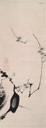 ITÔ JAKUCHÛ (Japan, 1716-1800), a painting of a plum tree, ink on paper, two seals: Tô Jokin'in and Jakuchu koji. - Provenance: Purchased from Galerie Eike Moog, Cologne, 17.01.1987 - Minor wear, partly light mould stains and small imperfections backed with paper - Minor wear, slightly stained and rest., mounted as hanging scroll with red wood ends