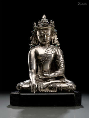 A SILVER FIGURE OF BUDDHA SHAKYAMUNI, TIBET, probably 15th ct