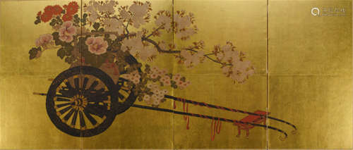 A FOUR PANEL FOLDING SCREEN, Japan, Meiji period, depicting a basket with a flower arrangement on a card, ink, colour and gold on paper - Some wear