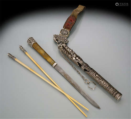 A SILVER, IRON, WOOD AND HORN CHOPSTICK-SET, MONGOLIA, 19th ct