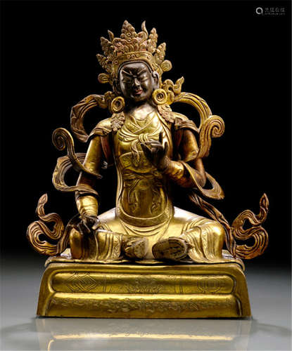 A RARE PARCEL GILT-COPPER EMBOSSED FIGURE OF PERHAPS A YARLUNG TSENPO, TIBETO-CHINESE, 18th ct