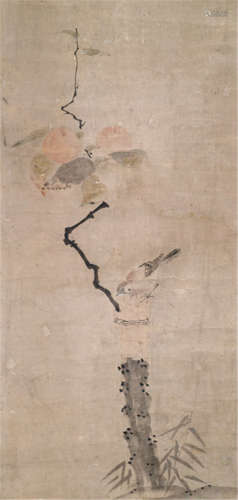 IN STYLE OF KANO SANRAKU (Japan, 1559-1635), a painting of a sparrow seated on a branch with two kaki fruits attached to an old tree trunk, ink and colour on paper. Lower right corner marked with illegible seal of Sanraku - Provenance: Purchased from Kunsthandel Lempertz, Cologne, Sale 503, 13.05.1969, no. 373 - Some wear and traces of age, one scroll end is missing, partly slightly stained and restored, mounted as hanging scroll with ivory ends, wood box