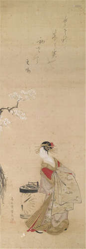 ATTRIBUTED TO CHOBUNSAI EISHI (1756-1829), a painting of a bijin below a written poem, ink and colour on silk, signed in the left lower corner, sealed - Provenance: Former property from an old North German private collection, bought at Y. Tsukuri, 02.10.1973 - Purchased from Nagel Auktionen Stuttgart, Sale 40A, 04.11.2010, Lot 136 - Minor wear, slightly stained, mounted as a hanging scroll with bone ends