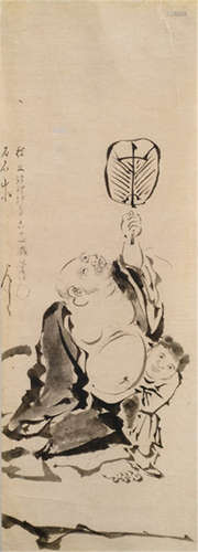 AFTER KANÔ TAN'YÛ (Japan, 1602-1674), a sketch, central part of a triptych formerly framed by landscape scenes, depicting Hotei with raised arm holding a fan accompanied by a boy. Ink on paper. Inscription: 'Tan'yû hôin kyûnen rokujûyon-sai hitsu' and painted seal - Provenance: Purchased from Auktionshaus Rittershofer, Berlin, Sale 54, 04.11.1968, no. 566 - Minor wear, backed, unframed