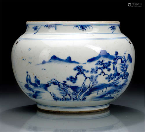 A BLUE AND WHITE PORCELAIN LANDSCAPE CACHEPOT, China, kangxi period-Former property from an old French private collection-Wear