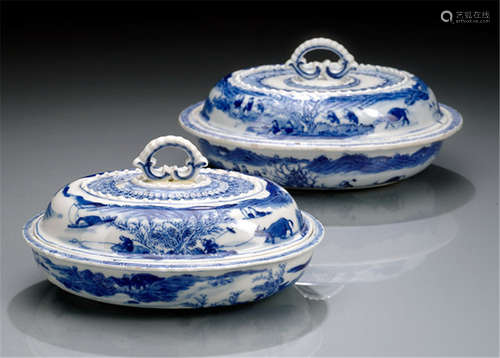 TWO BLUE AND WHIET PORCELAIN TUREENS AND COVERS, China, underglaze blue four-character marks jintang fai, 19th ct