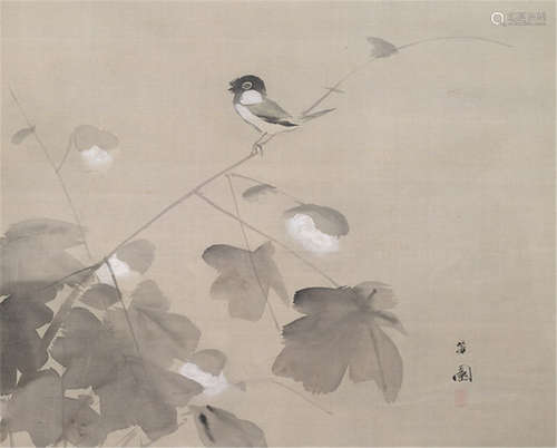 ATTRIBUTED TO NISHIYAMA HÔEN (Japan, 1804-1867), a painting of a bird on a cotton spray, ink and white colour on grey silk, signed and sealed: Hôen - Nishiyama Hôen was the most prominent Shijo painter in Osaka, known for his drawing skills and paintings of birds, figures and landscapes - Provenance: Purchased from Kunsthandel Klefisch, Cologne, Sale 17, 06.12.1980, no. 448 - Minor wear, one small hole, mounted as hanging scroll with bone ends, old wood box with inscriptions