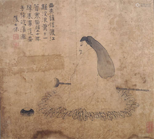 AN ALBUM PAGE WITH BODHIDHARMA IN THE STYLE OF ZHANG SHIBAO, China, 19th ct., ink on paper, mounted under glass - Property from an old Bavarian private collection - Minor damages due to age, wear