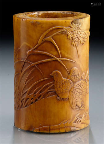 A MARINE IVORY BRUSH POT WITH CARVING OF THREE QUAILS, SIGNED JUESHAN WITH SEAL JIN, China, 18th/19th ct