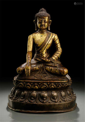 A BRONZE FIGURE OF BUDDHA SHAKYAMUNI, TIBET, 17th ct