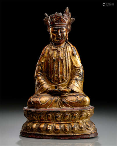 A GILT- AND RED-LACQUERED BRONZE FIGURE OF GUANYIN, China, 17th ct