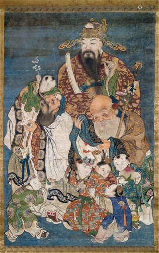 A FINE PAINTING OF THE THREE DEITIES OF LONGEVITY, LUCK AND WEALTH, China, 18th/19th ct