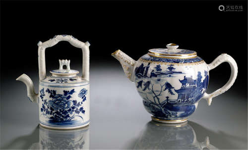 TWO BLUE AND WHITE PORCELAIN TEAPOTS AND COVERS