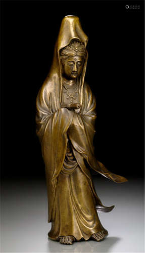 A BRONZE SCULPTURE OF STANDING KANNON HOLDING A SUTRA SCROLL, Japan, Meiji period - Property from a German private collection, to the current owner through inheritance - Minor wear
