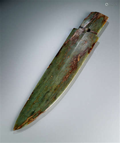 A GREEN JADE GE-HALBERD BLADE, China, Shang dynasty-Property from an important South German private collection, acquired at Lempertz, 12th Nov 1976, lot 279-Minor old repair, slightly chipped